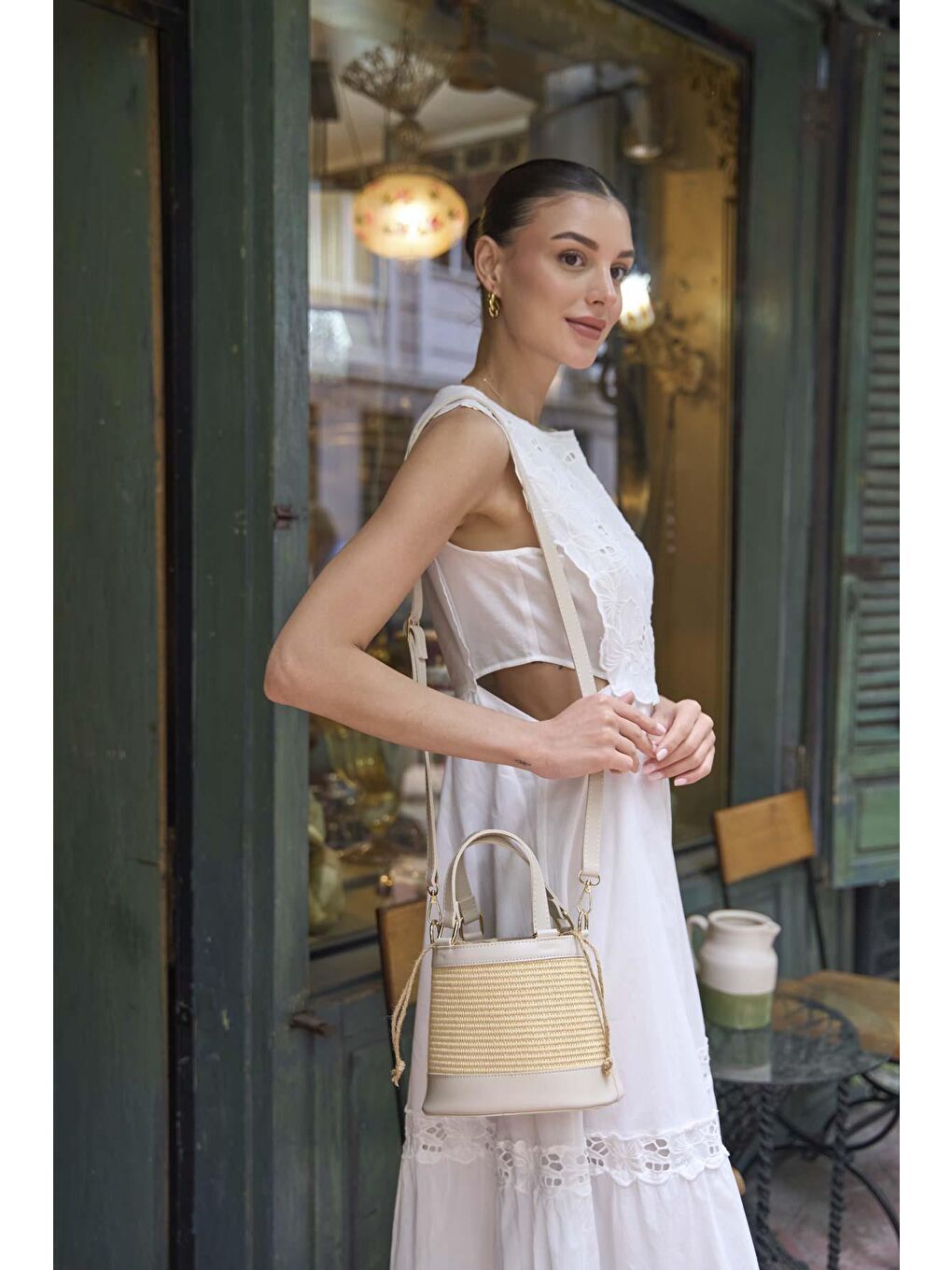 Ekru Bohem Tarzı Kova El Ve Omuz Çantası Krem Hasır-3