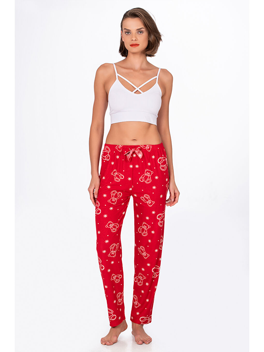 Kadın Süet Kırmızı Ayıcık Desenli Pijama Tek Alt