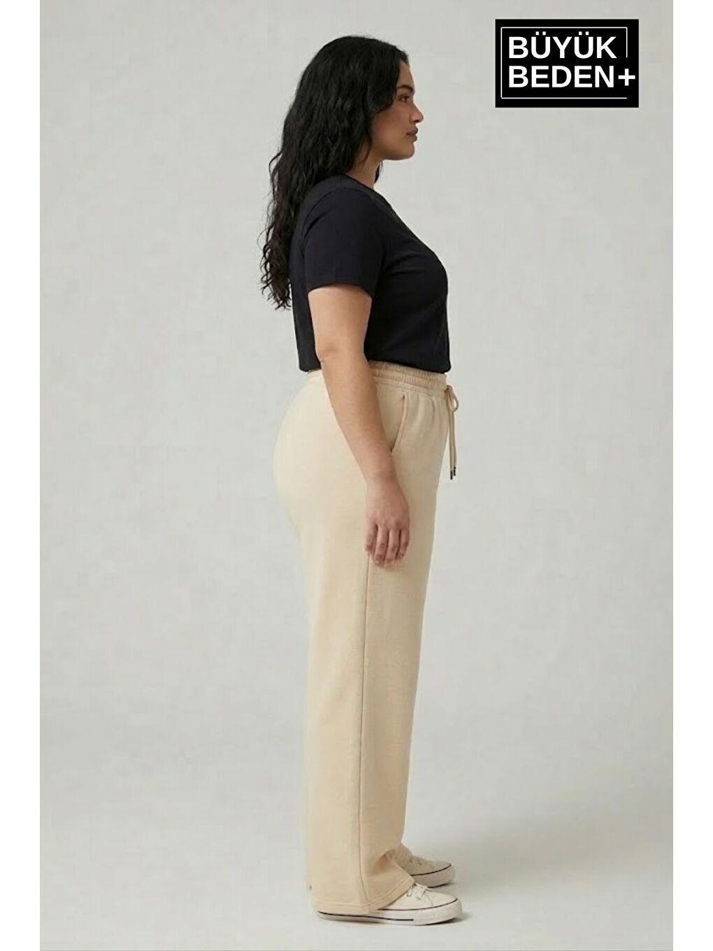 Bej Kadın Büyük Beden Bol Paça Yüksek Bel Lastikli NewYork Baskılı Eşofman Altı SPR26BEA988-5-2