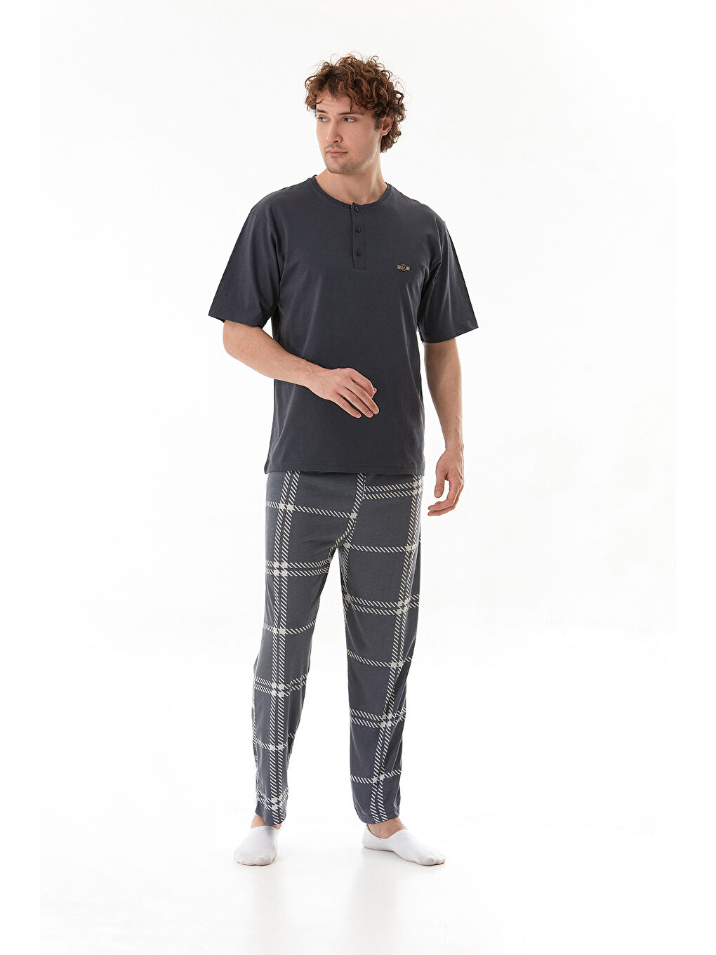 Antrasit Ekose Desenli %100 Pamuk Pijama Takımı