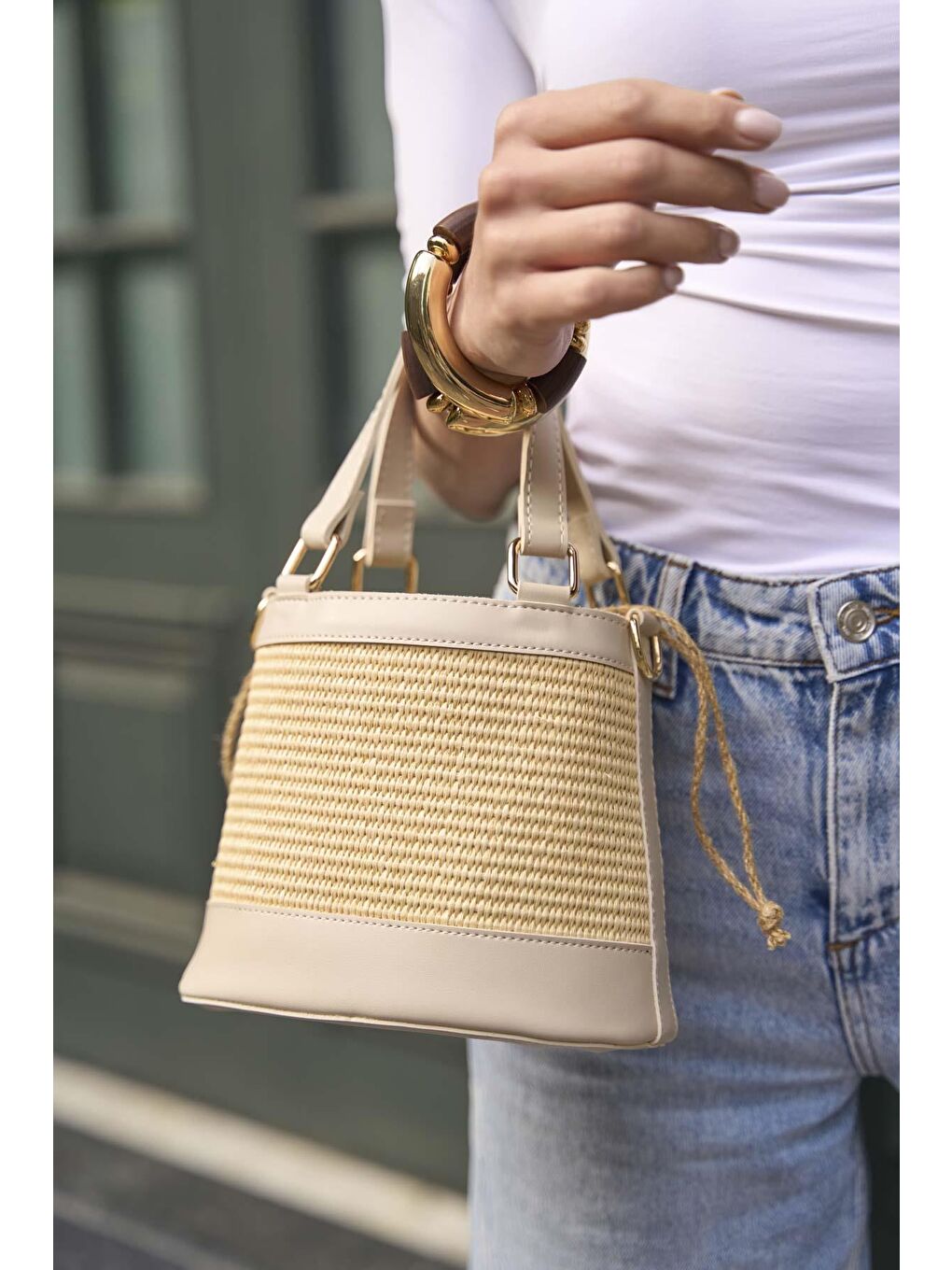 Ekru Bohem Tarzı Kova El Ve Omuz Çantası Krem Hasır-5