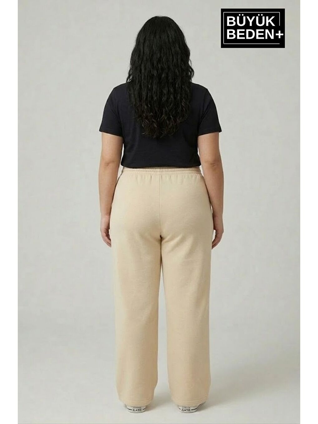 Bej Kadın Büyük Beden Bol Paça Yüksek Bel Lastikli NewYork Baskılı Eşofman Altı SPR26BEA988-5-3