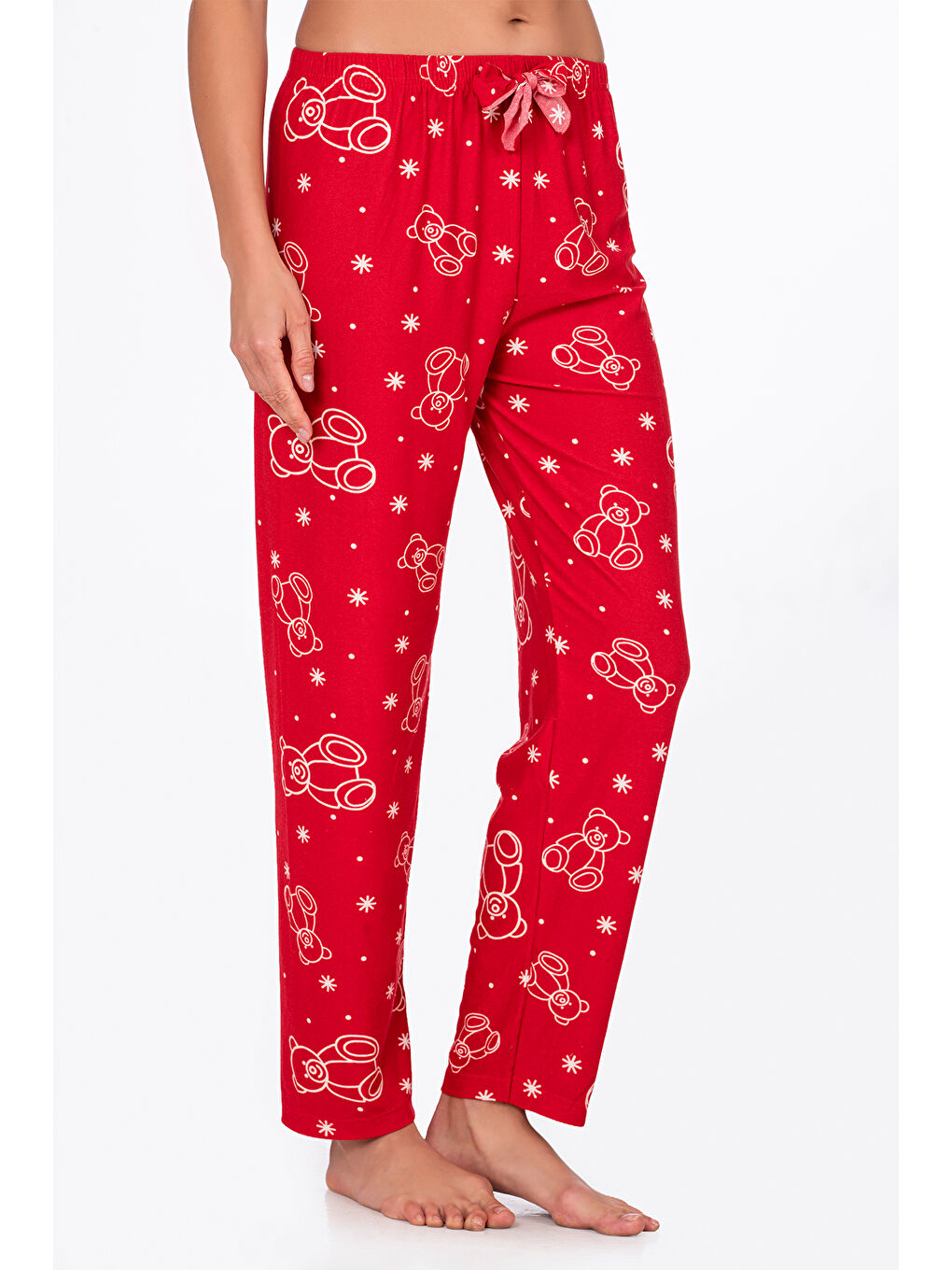 Kadın Süet Kırmızı Ayıcık Desenli Pijama Tek Alt-1