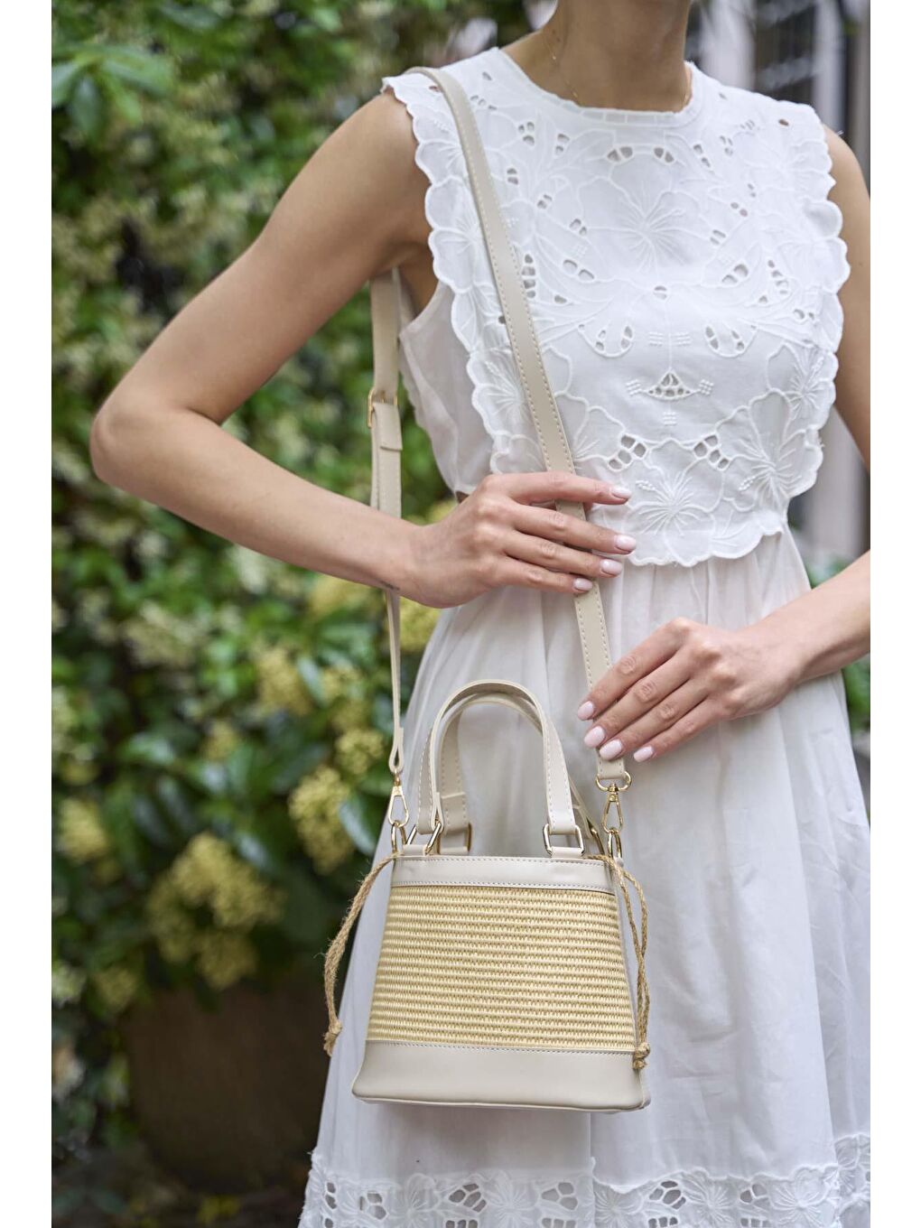 Ekru Bohem Tarzı Kova El Ve Omuz Çantası Krem Hasır-6