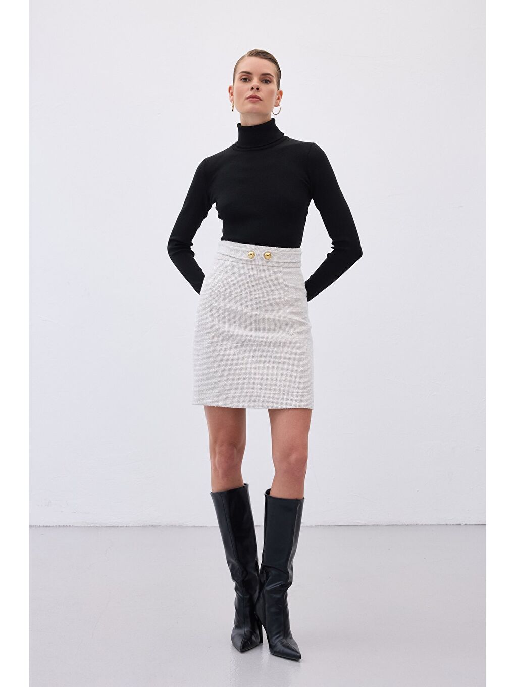 Bej Düğme Detaylı Mini Tüvit Etek - Taş-4