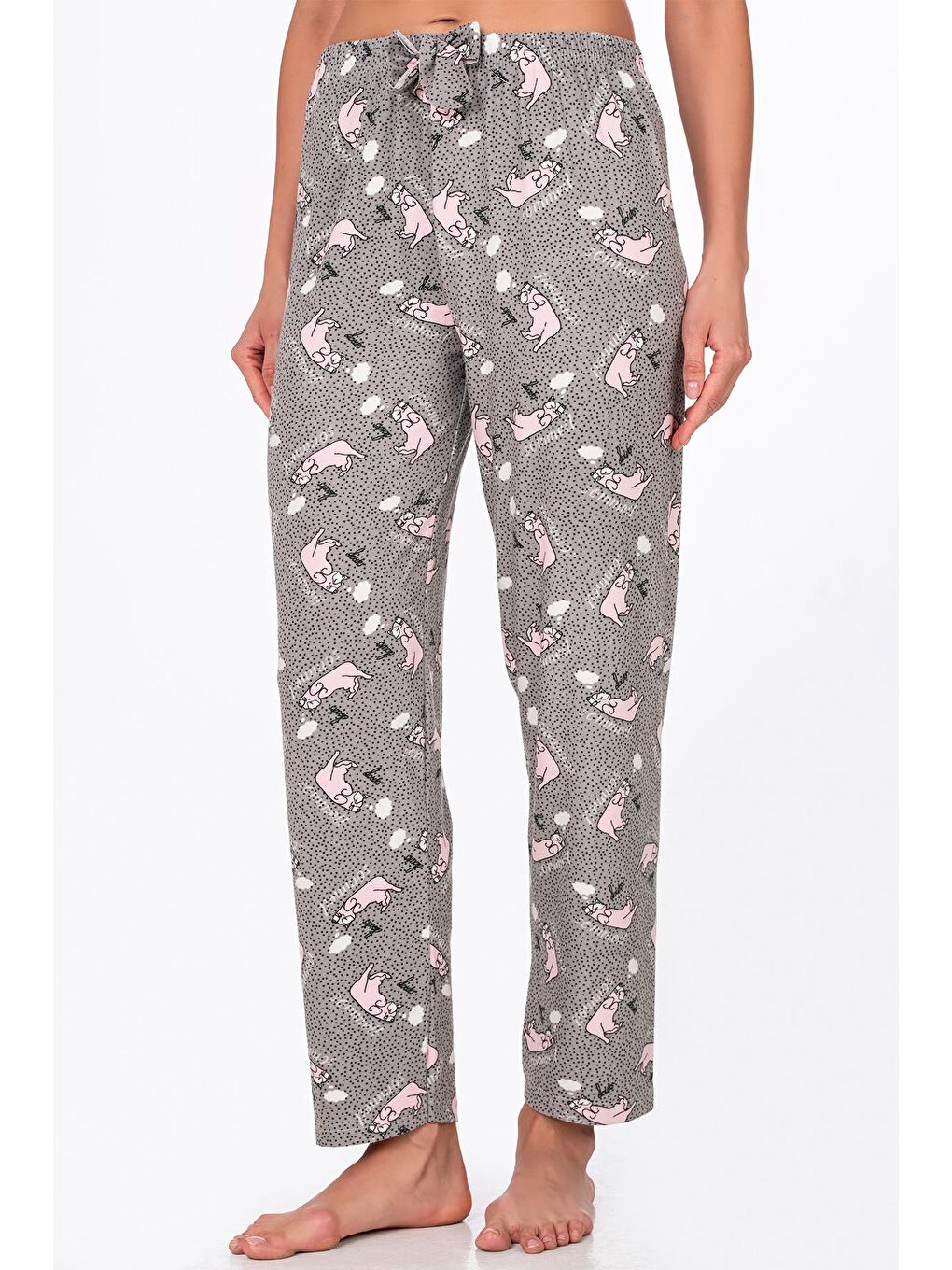 Gri Kadın Süet Kedi Desenli Pijama Tek Alt-3