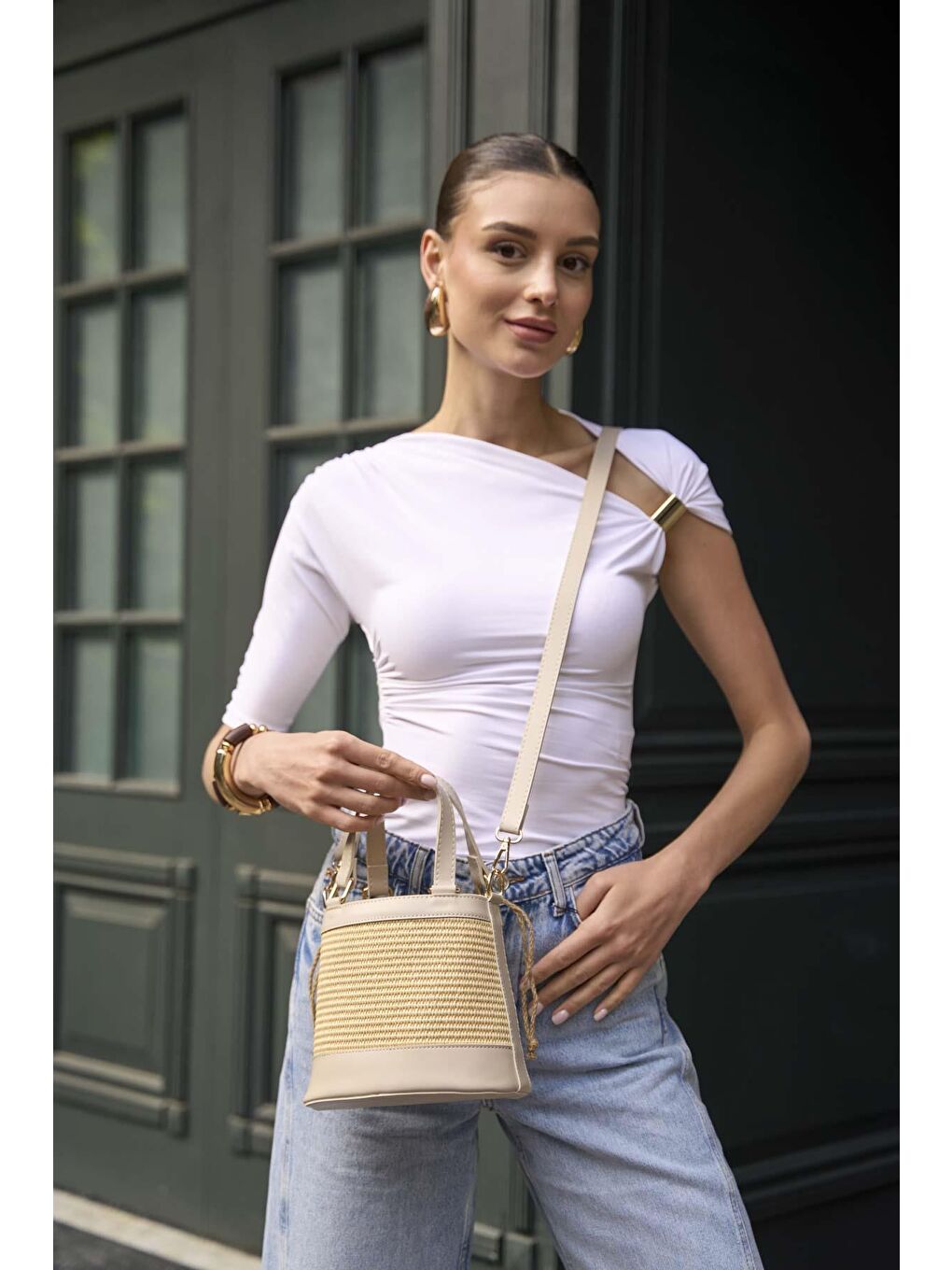 Ekru Bohem Tarzı Kova El Ve Omuz Çantası Krem Hasır-7