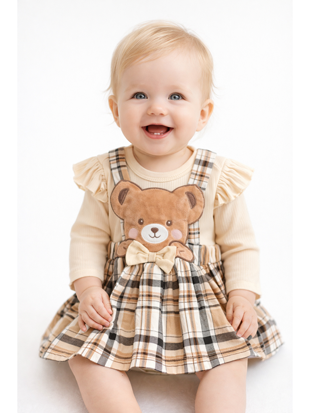 Bej Kız Bebek 2li Badili Etekli Salopet Takımı Uzun Kollu Ayıcık Detaylı Yeni Sezon Pamuklu Bayramlık-4