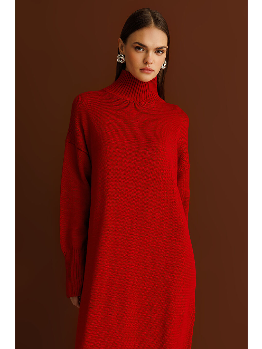 Oversize Dik Yaka Kırmızı Uzun Kalın Triko Elbise-3
