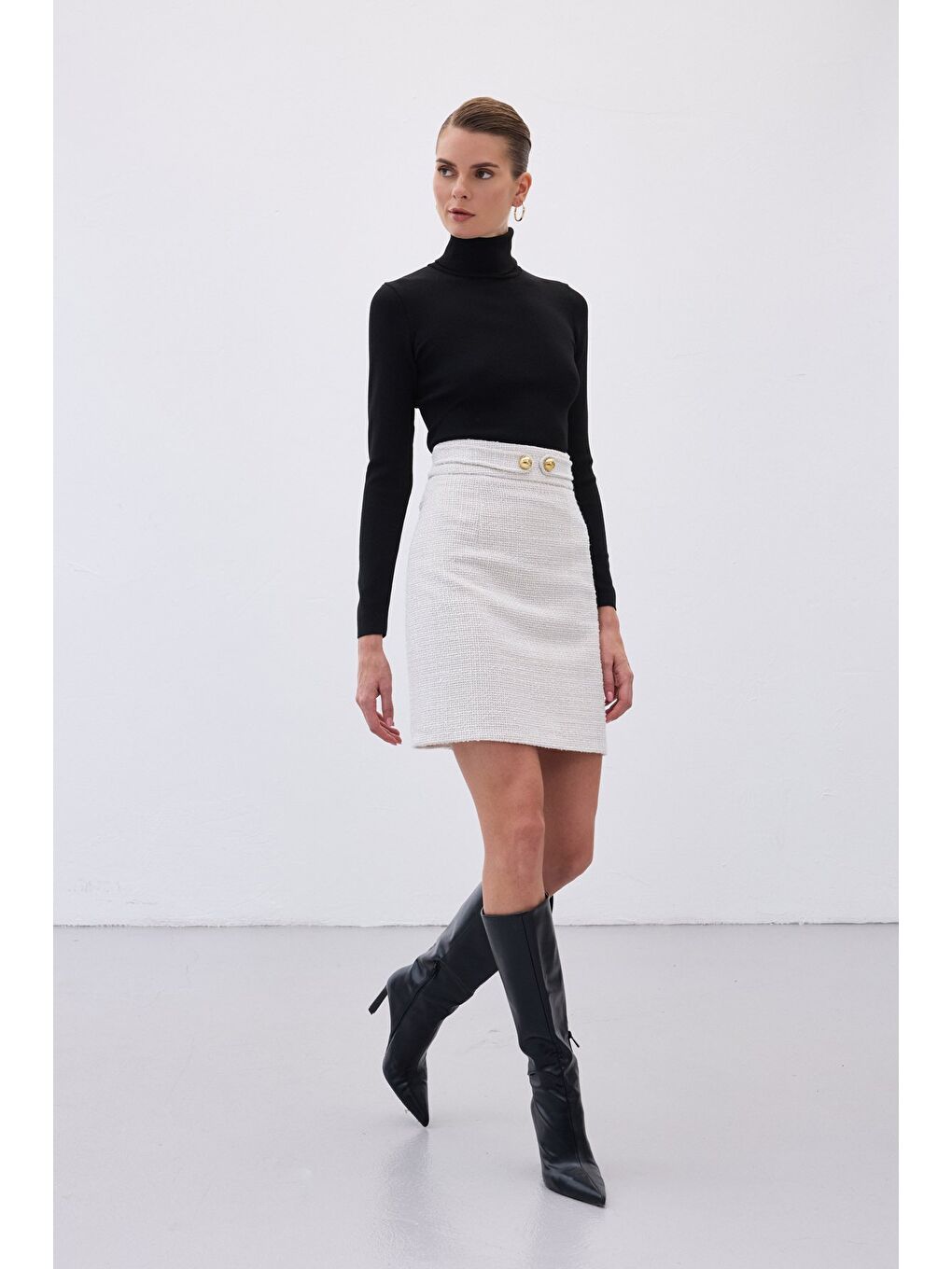 Bej Düğme Detaylı Mini Tüvit Etek - Taş-5