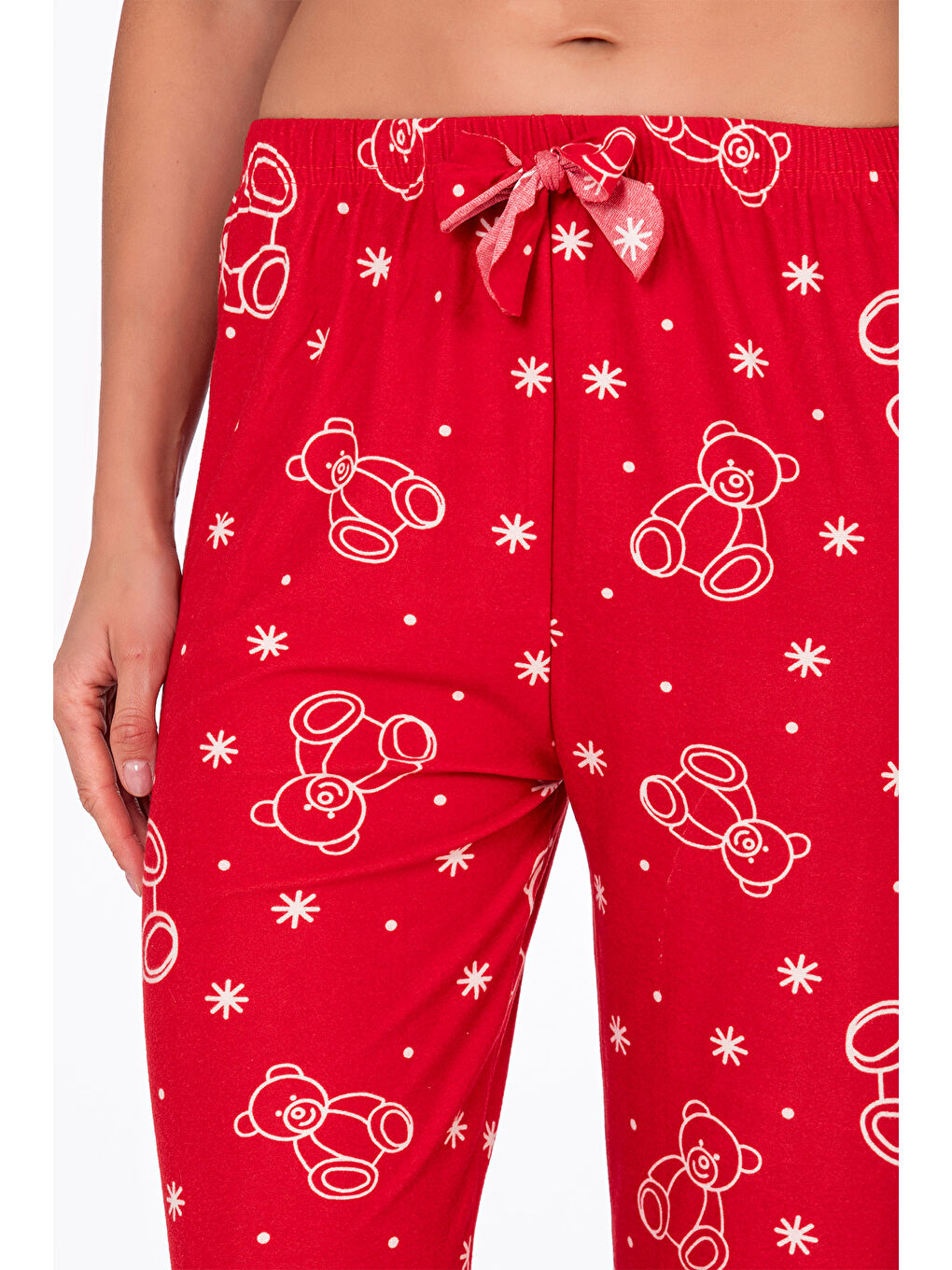 Kadın Süet Kırmızı Ayıcık Desenli Pijama Tek Alt-3