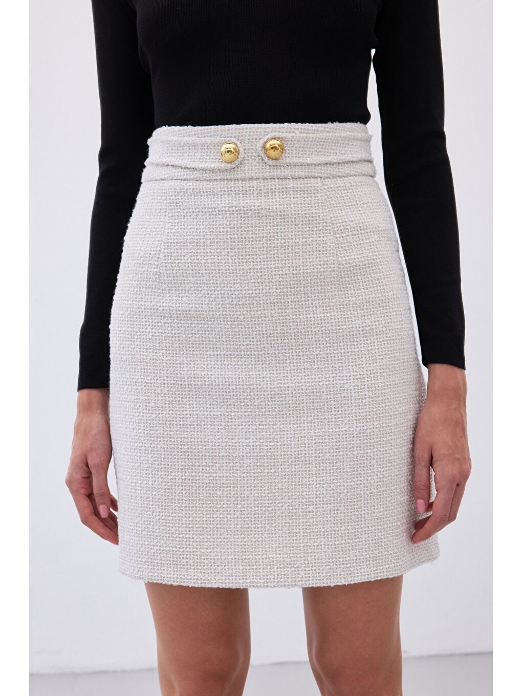 Bej Düğme Detaylı Mini Tüvit Etek - Taş-6