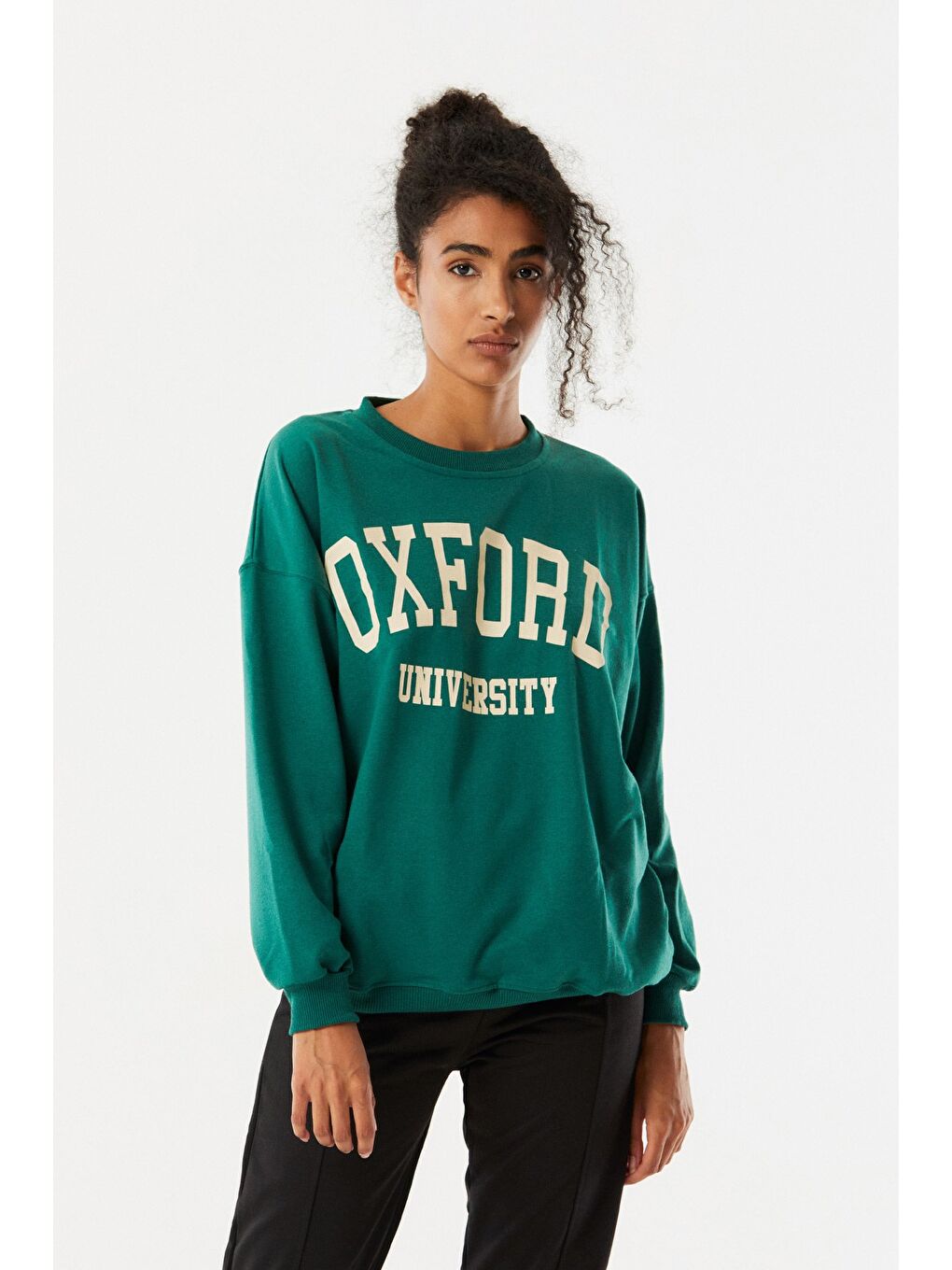 Yeşil Oxford Baskılı Bisiklet Yaka Sweatshirt