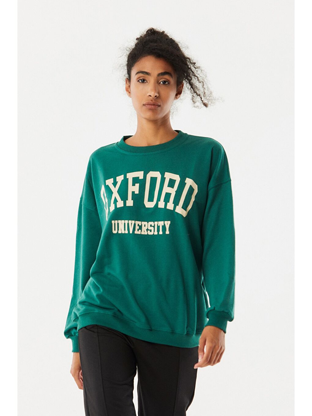 Yeşil Oxford Baskılı Bisiklet Yaka Sweatshirt-1