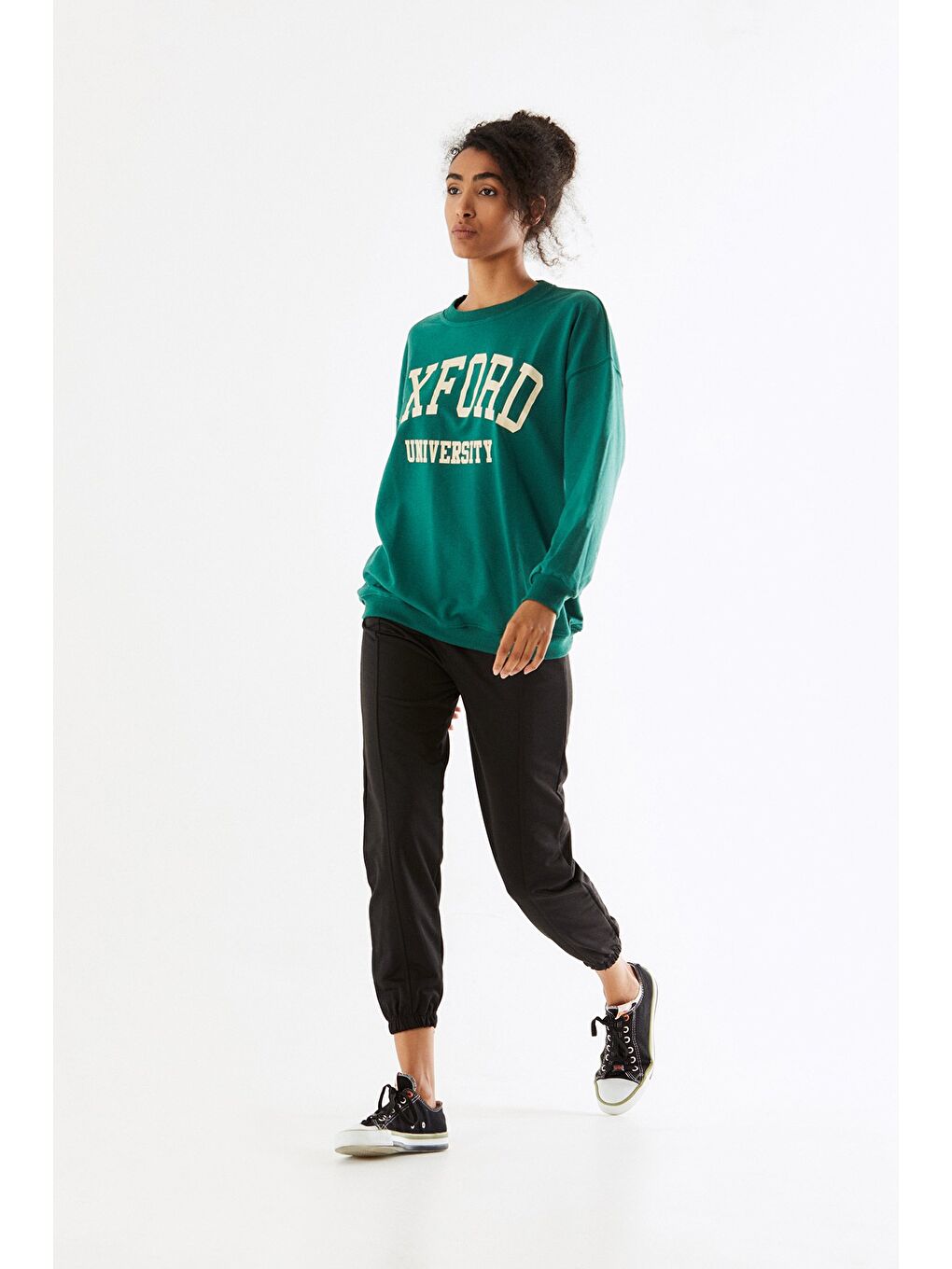 Yeşil Oxford Baskılı Bisiklet Yaka Sweatshirt-2