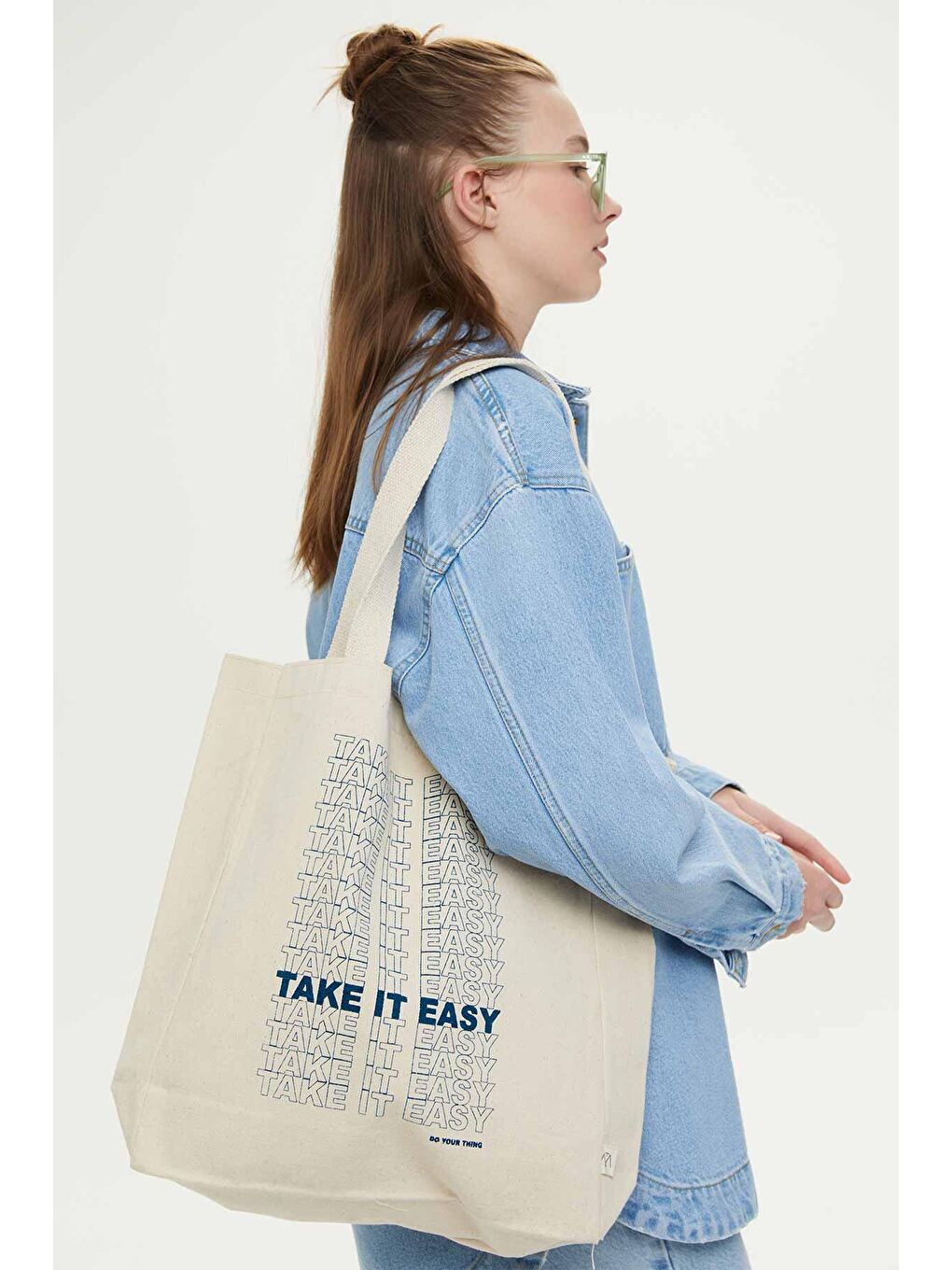 Bej Baskılı Körüklü Bez Çanta Take It Easy