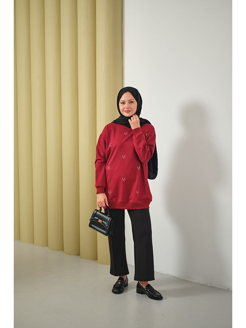 Kadın LCC Taş Detay Bisiket Yaka Sweat Bordo-1