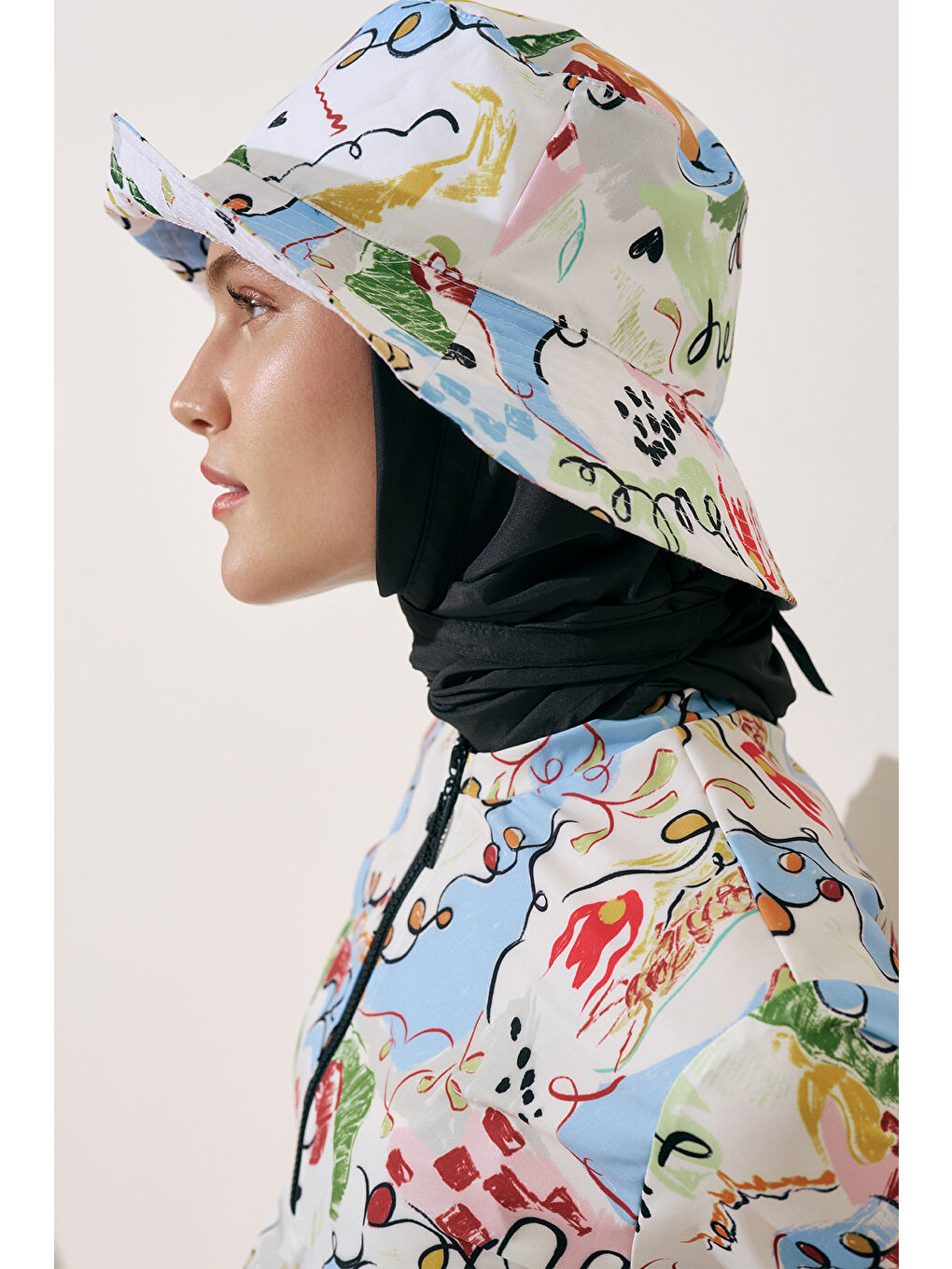 Karışık Eşarp Detaylı Bucket Şapka Summer-1