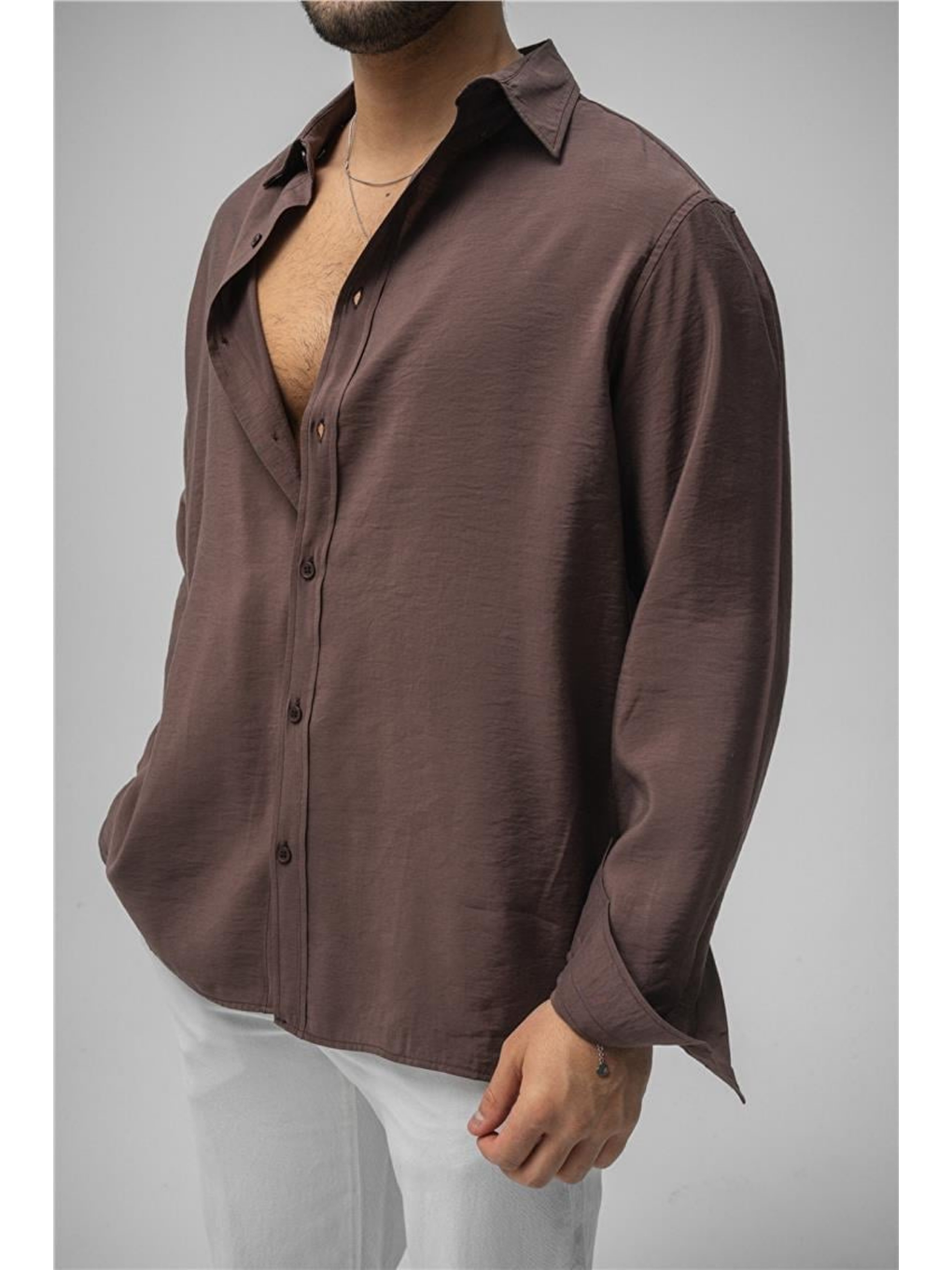 Erkek Kahverengi Düz Keten Oversize Gömlek