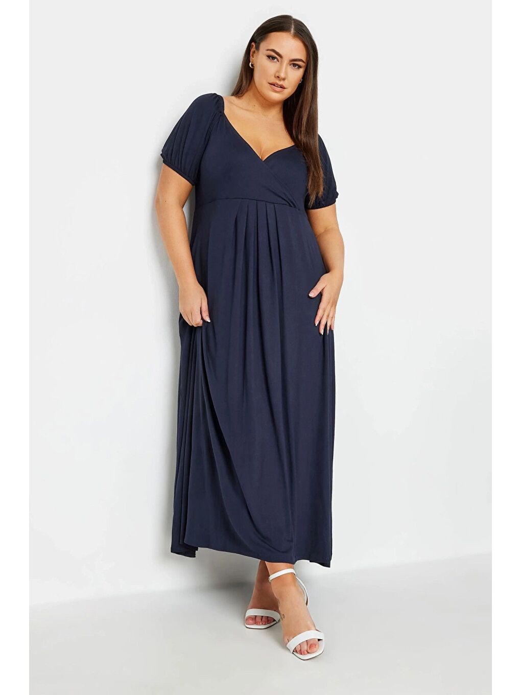 Lacivert Büyük Beden Göğüs Dekolteki V Yaka Beli Lastikli Maxi Elbise 302970