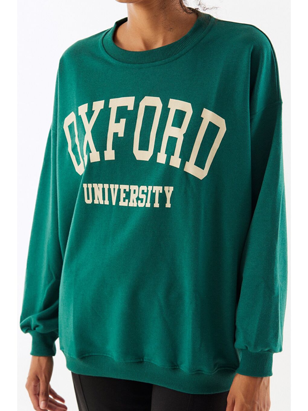 Yeşil Oxford Baskılı Bisiklet Yaka Sweatshirt-3