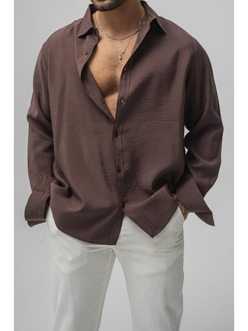 Erkek Kahverengi Düz Keten Oversize Gömlek-1
