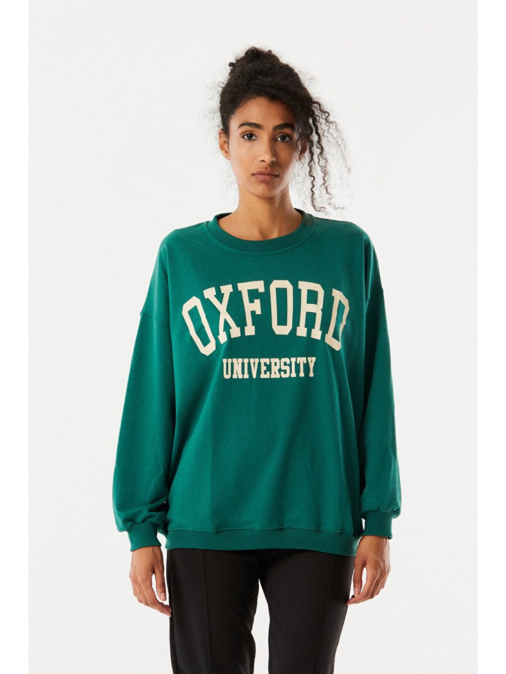 Yeşil Oxford Baskılı Bisiklet Yaka Sweatshirt-4