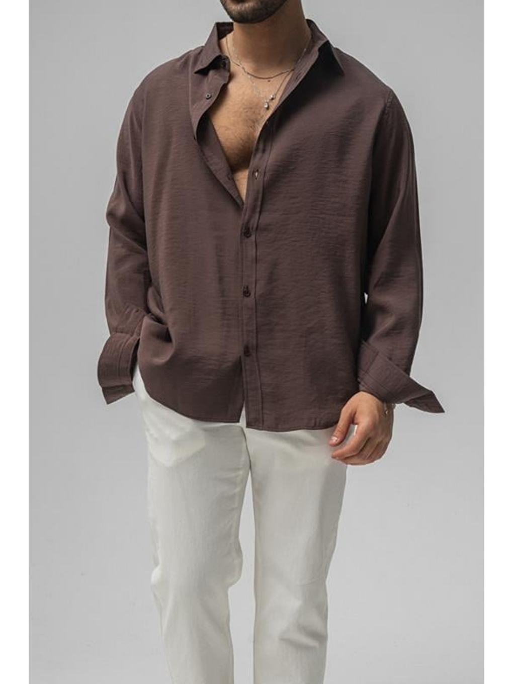 Erkek Kahverengi Düz Keten Oversize Gömlek-2
