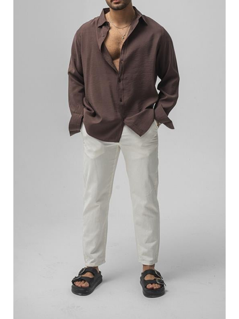 Erkek Kahverengi Düz Keten Oversize Gömlek-3