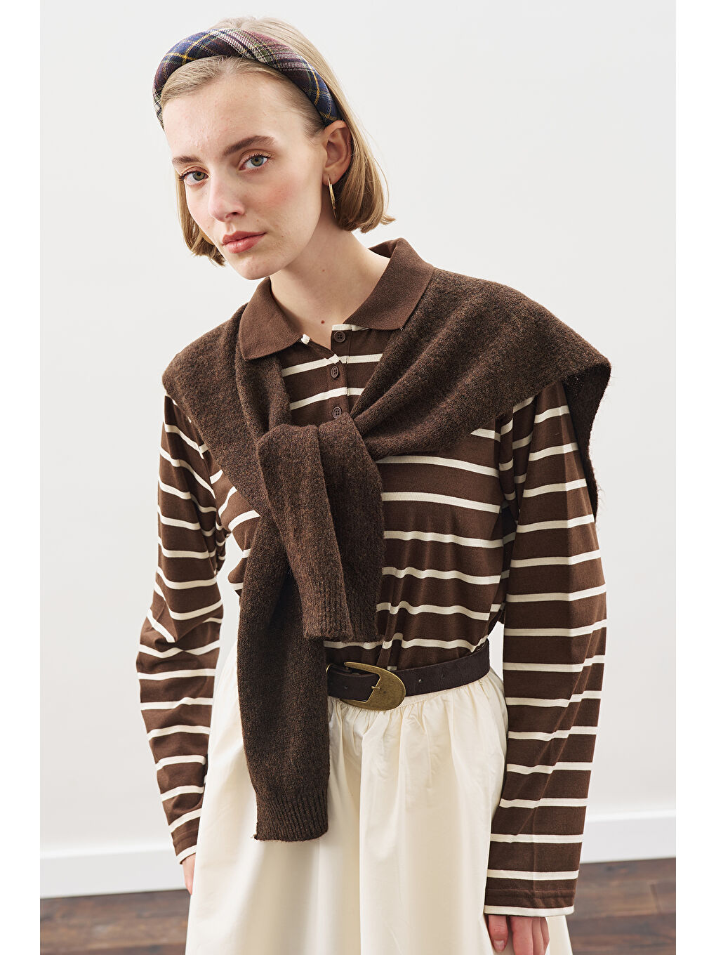 Kare Yaka Bağlamalı Triko Atkı Kahverengi-4