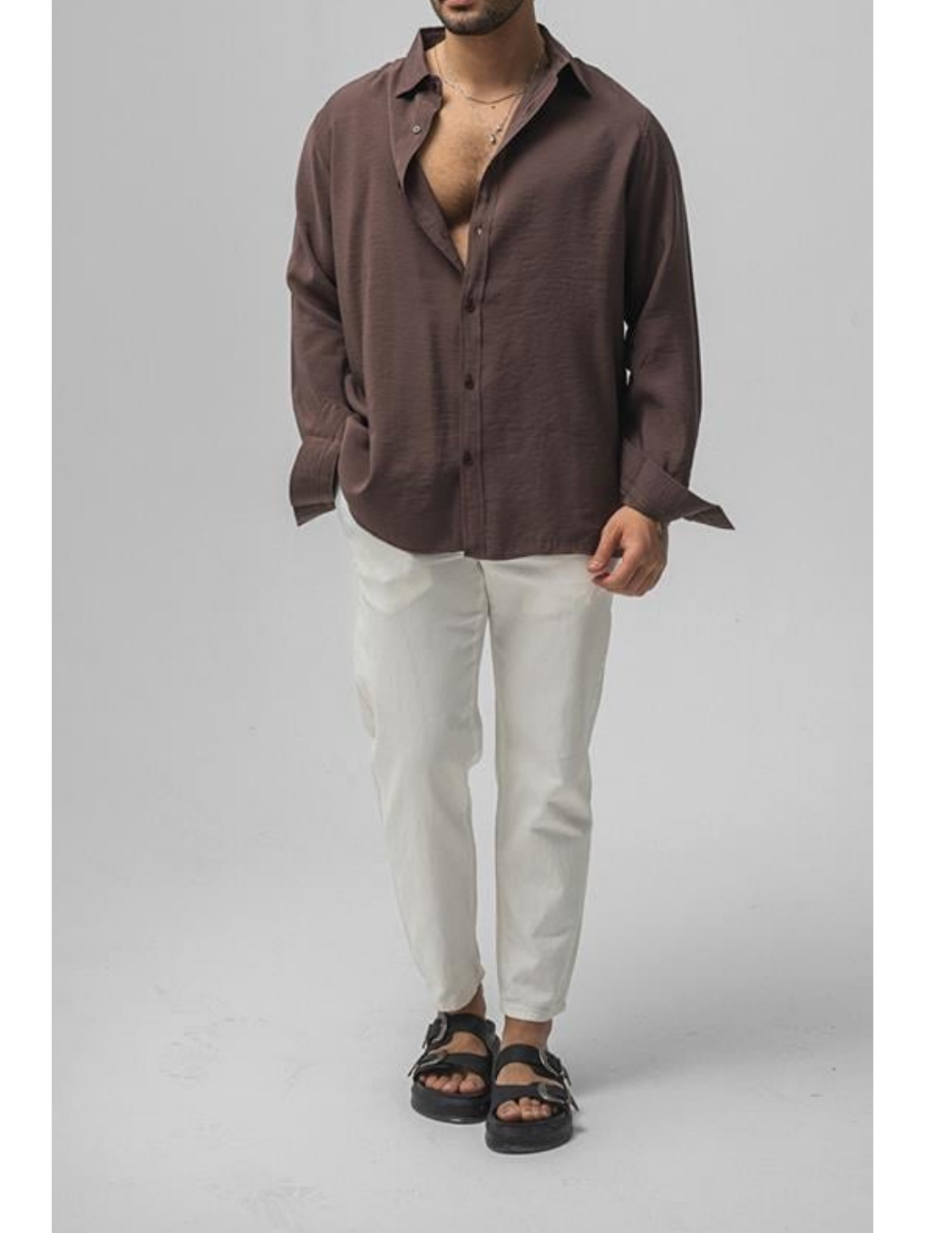 Erkek Kahverengi Düz Keten Oversize Gömlek-4