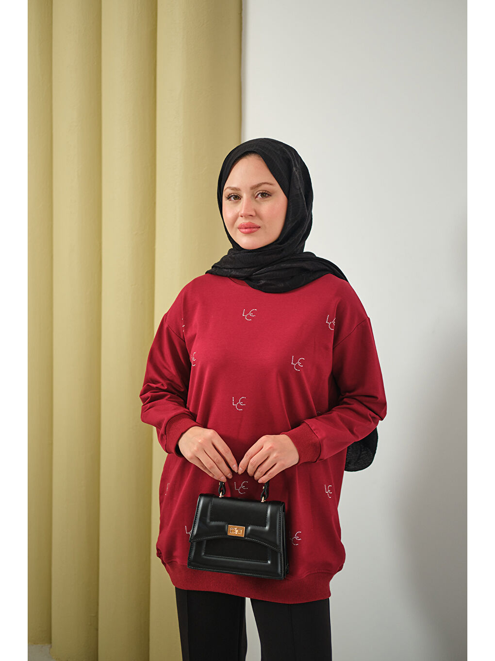 Kadın LCC Taş Detay Bisiket Yaka Sweat Bordo-2