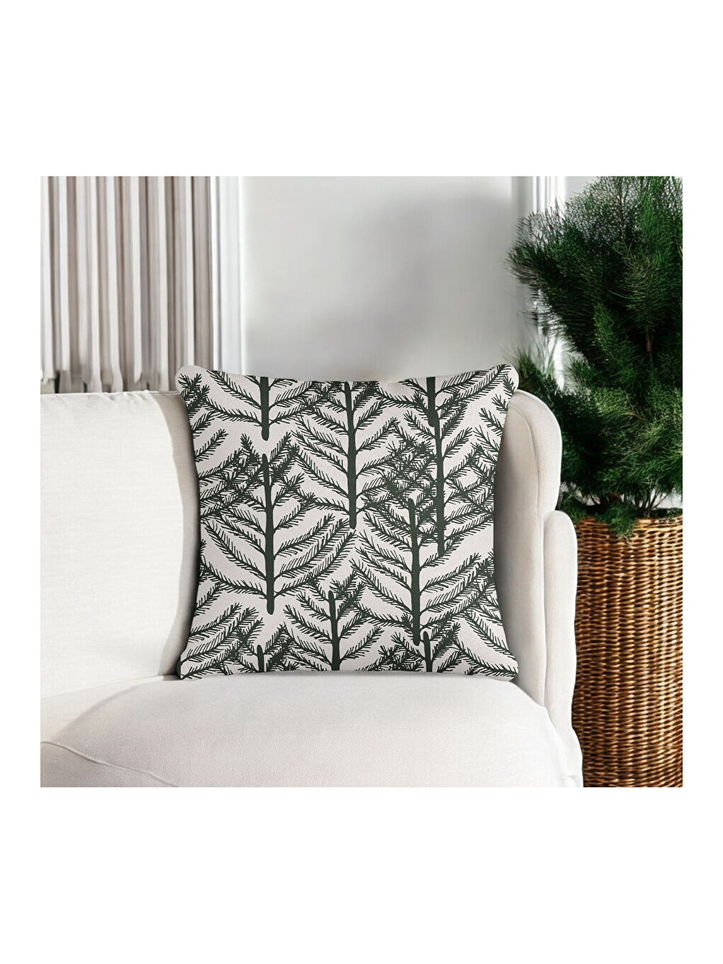 Yılbaşı Temalı Çam Dalı Desenli Kırlent Kılıfı - Haki 43x43-1