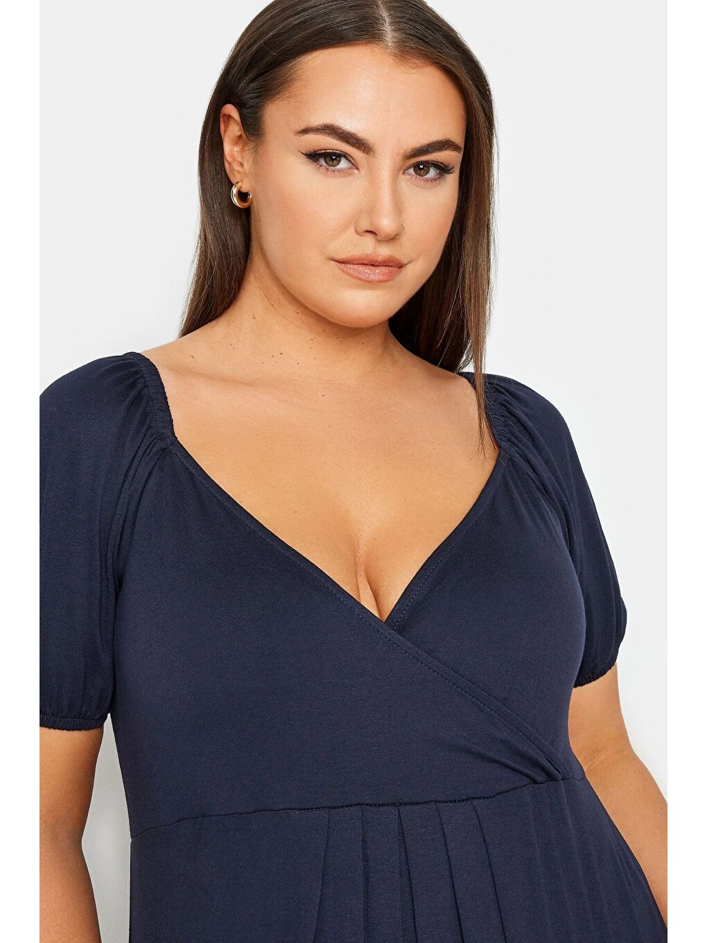 Lacivert Büyük Beden Göğüs Dekolteki V Yaka Beli Lastikli Maxi Elbise 302970-1