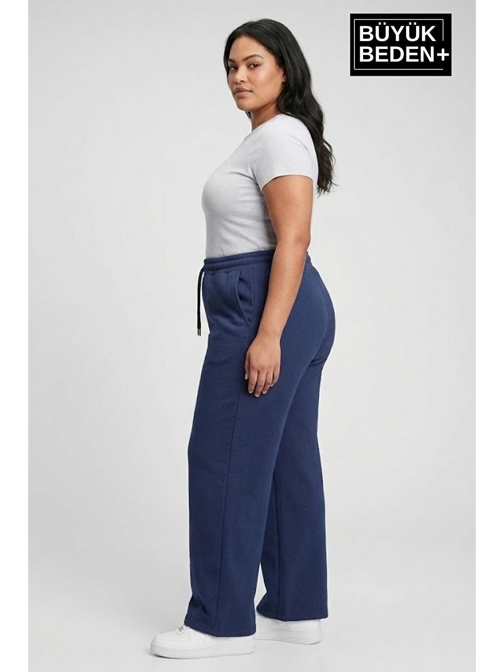 Lacivert Kadın Büyük Beden Bol Paça Yüksek Bel Lastikli Salaş Eşofman Altı SPR26BEA988-2