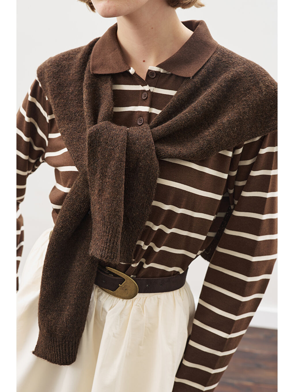 Kare Yaka Bağlamalı Triko Atkı Kahverengi-5