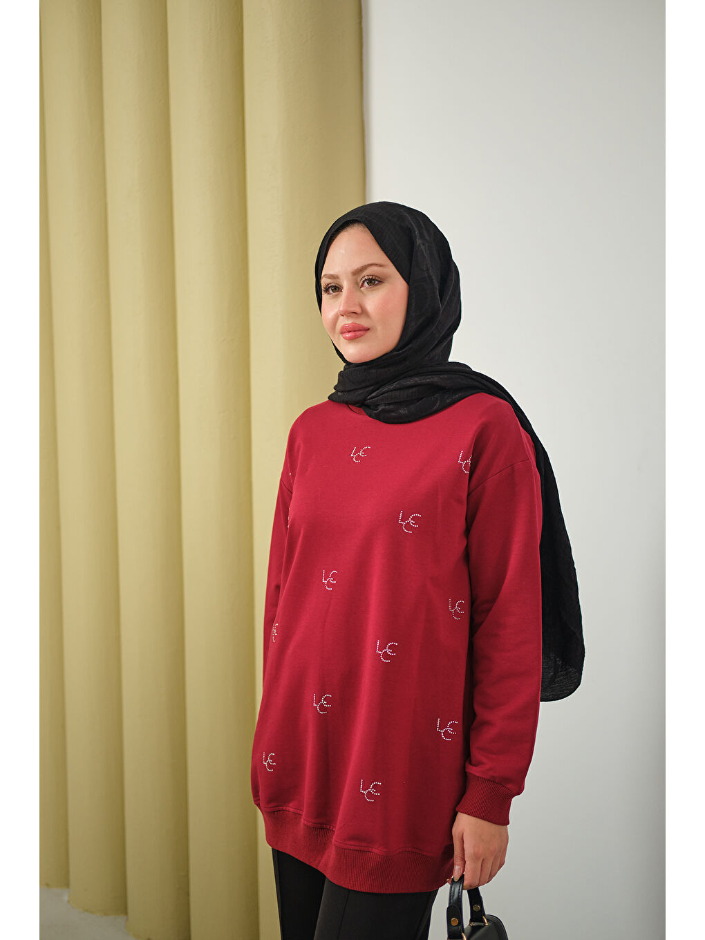 Kadın LCC Taş Detay Bisiket Yaka Sweat Bordo-3