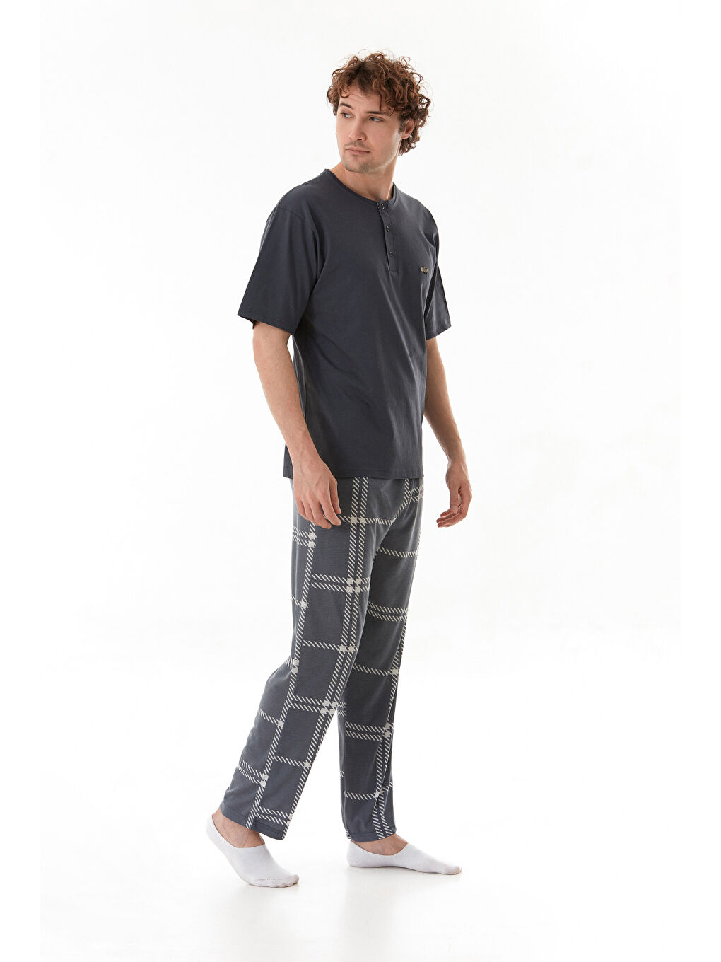 Antrasit Ekose Desenli %100 Pamuk Pijama Takımı-3