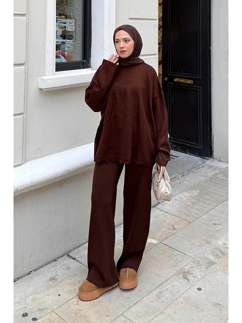 Düz İkili Triko Tesettür Takım Acı Kahverengi