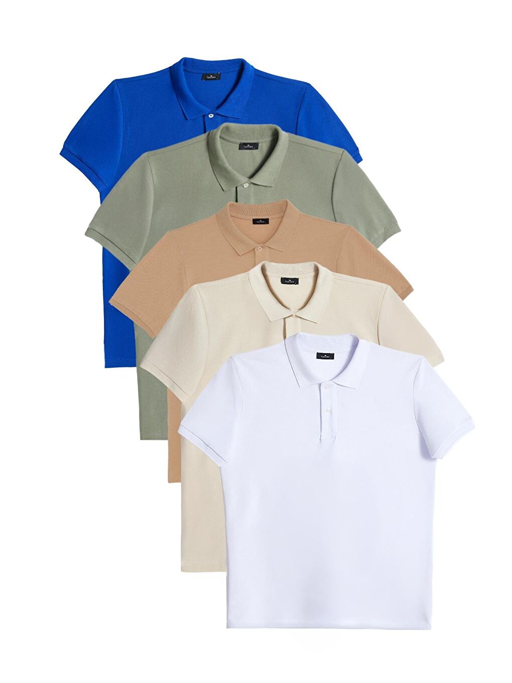 Karışık Erkek 5'Li Paket Beyaz-Mavi-Taş-Vizon-Haki Slim Fit Pamuklu Düz Pike Polo Yaka Tişört