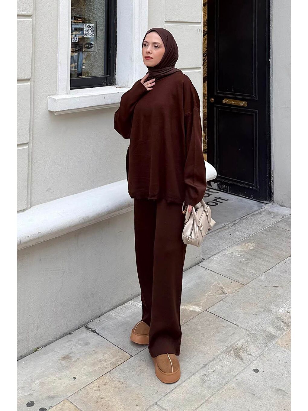 Düz İkili Triko Tesettür Takım Acı Kahverengi-1
