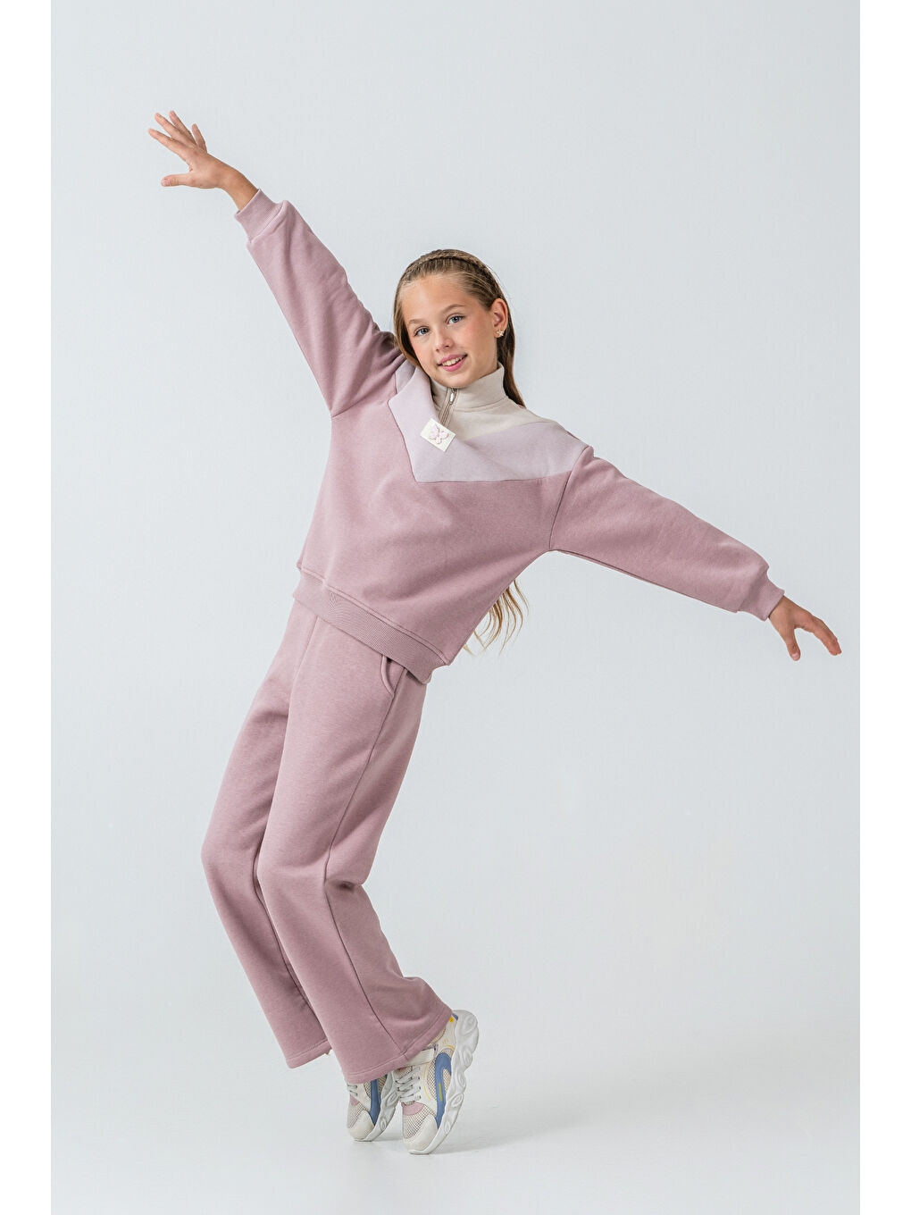 Pembe Kız Çocuk Kelebek Detaylı Yarım Fermuarlı 3 İplik Kalın Kışlık Eşofman Takımı Ak4233-1