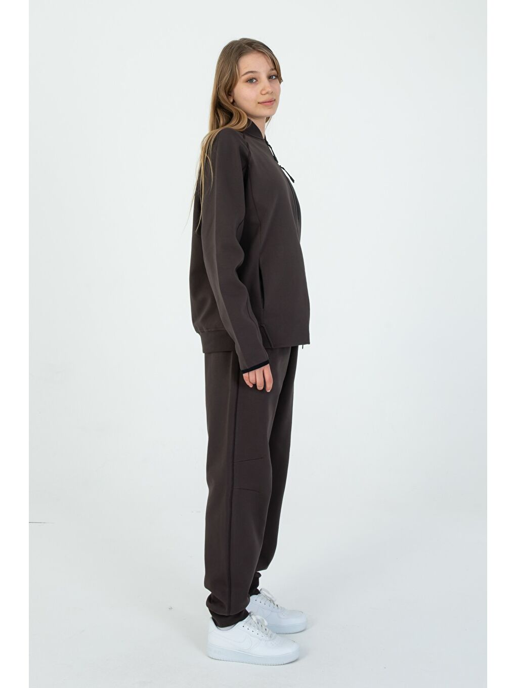 Kahverengi Çocuk Ayarlanabilir Bel Fermuarlı Baskılı Eşofman Takım-1