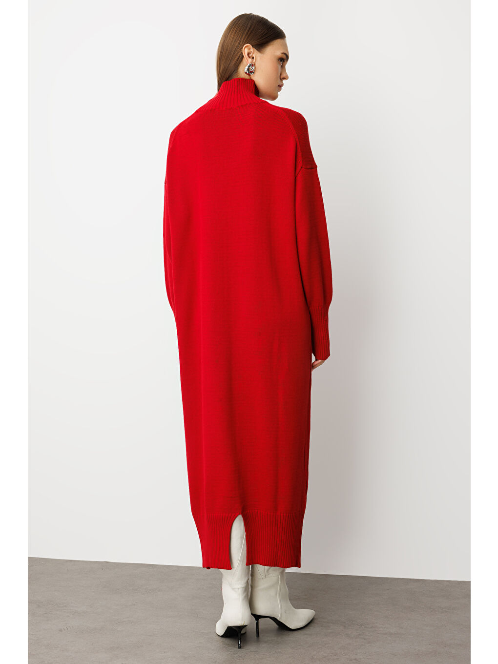 Oversize Dik Yaka Kırmızı Uzun Kalın Triko Elbise-5