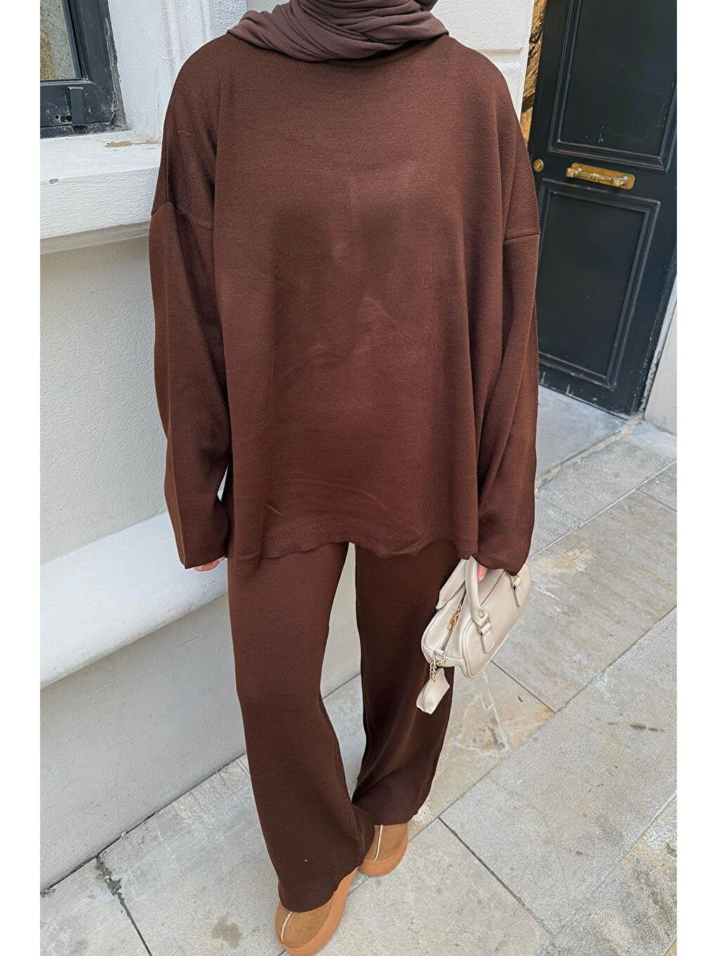 Düz İkili Triko Tesettür Takım Acı Kahverengi-2