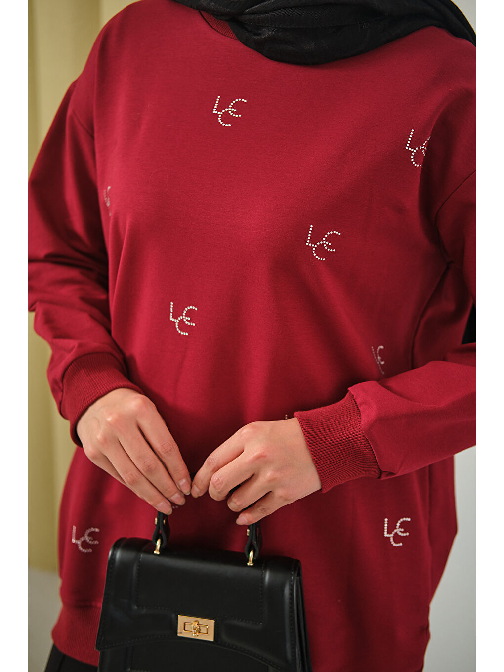 Kadın LCC Taş Detay Bisiket Yaka Sweat Bordo-4