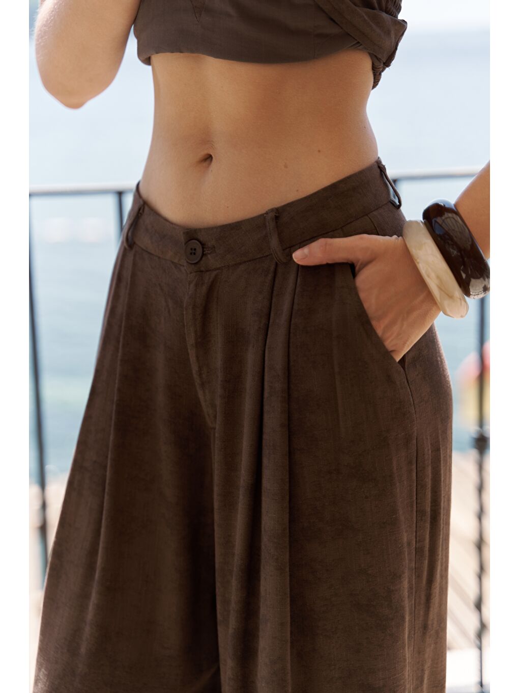 Kahverengi Bhioctoria Kahve Straplez Crop Pantolon Takım-7