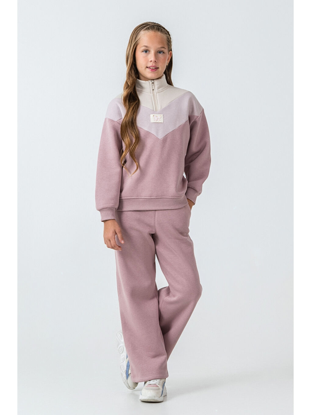 Pembe Kız Çocuk Kelebek Detaylı Yarım Fermuarlı 3 İplik Kalın Kışlık Eşofman Takımı Ak4233-2