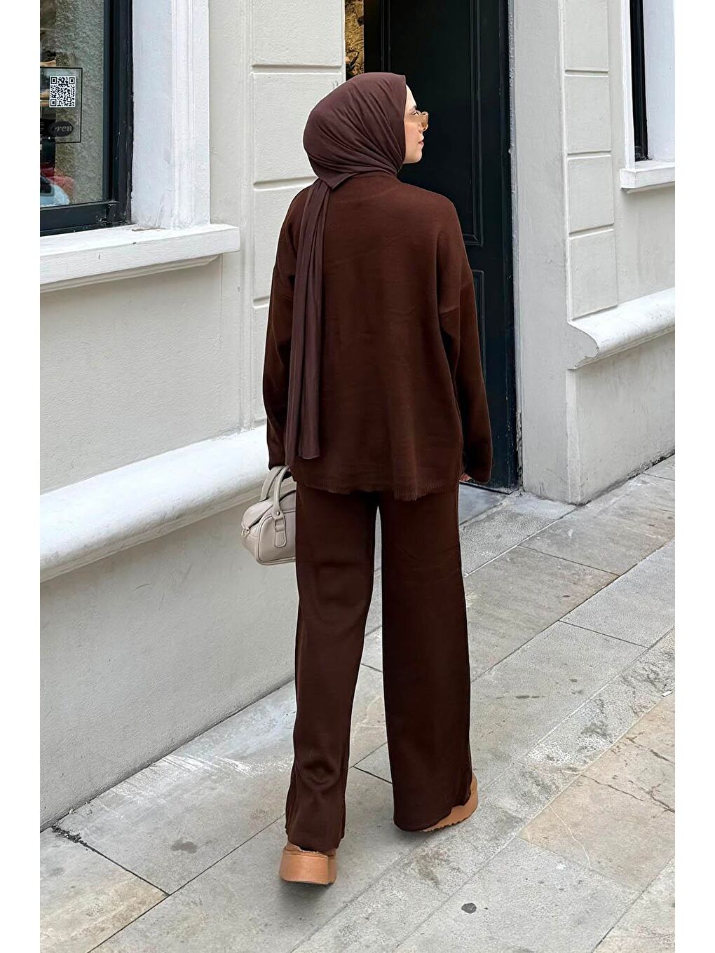 Düz İkili Triko Tesettür Takım Acı Kahverengi-3