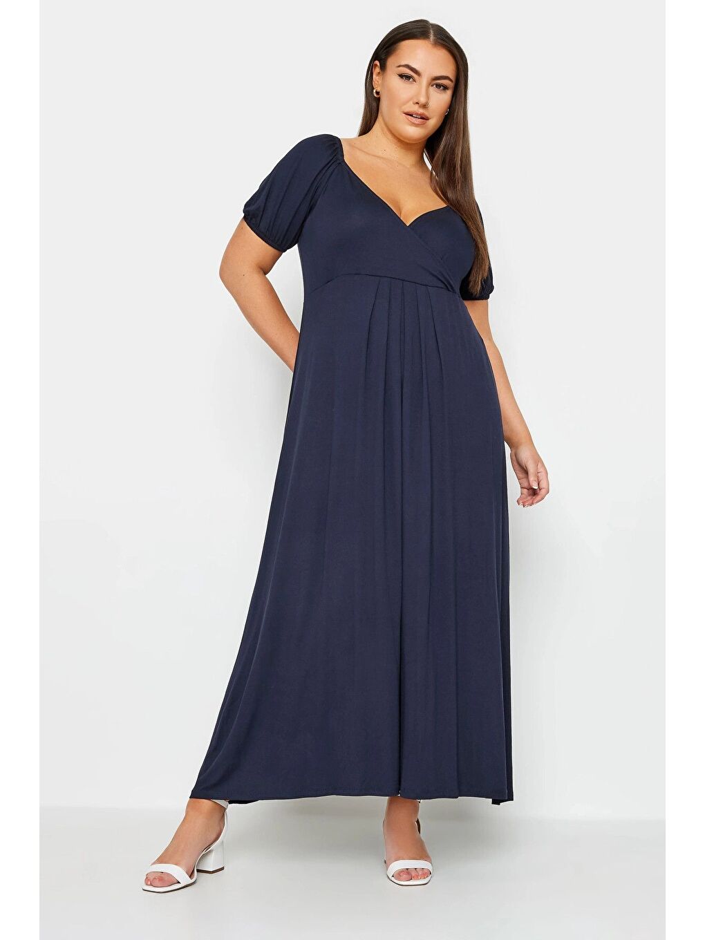 Lacivert Büyük Beden Göğüs Dekolteki V Yaka Beli Lastikli Maxi Elbise 302970-3